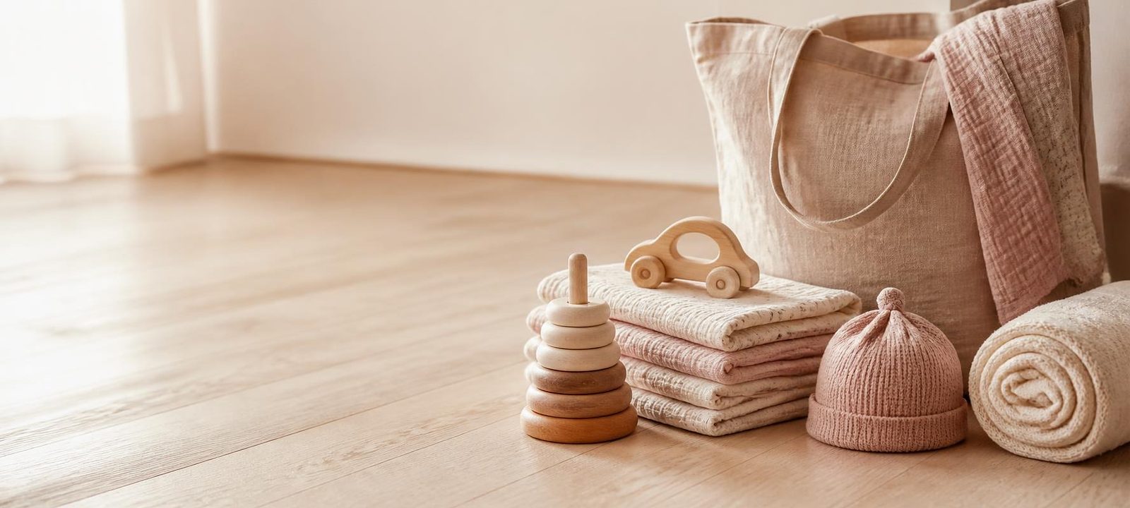 Folded muslins, a knitted baby hat and wooden toys beside a linen tote bag