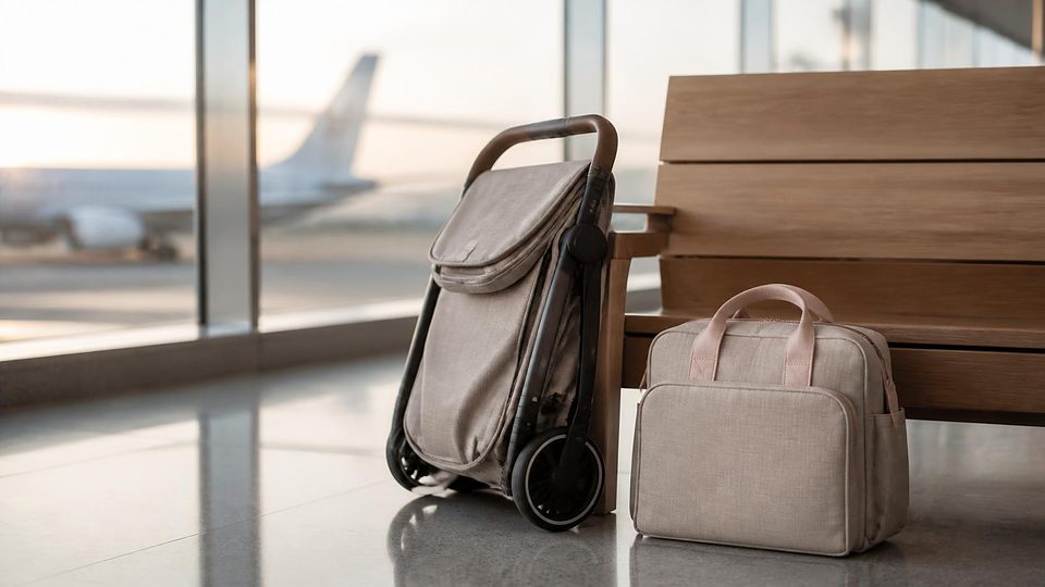 A folded pushchair and changing bag in an airport lounge