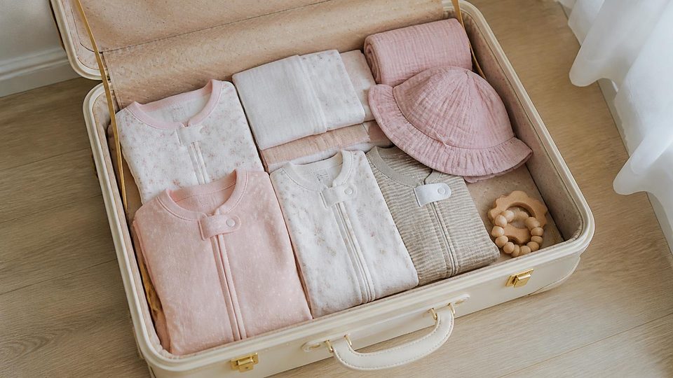 An open suitcase neatly packed with baby clothes, muslins and a sun hat