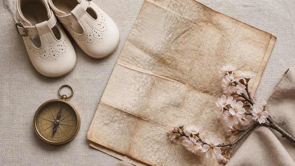 A brass compass, baby shoes and a folded map with cherry blossom