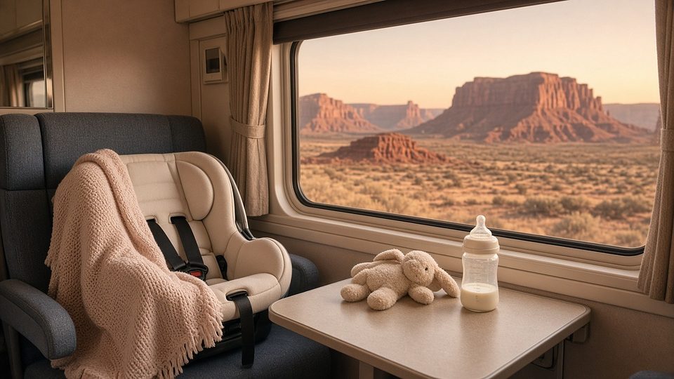An infant car seat in a train roomette with desert mesas outside the window