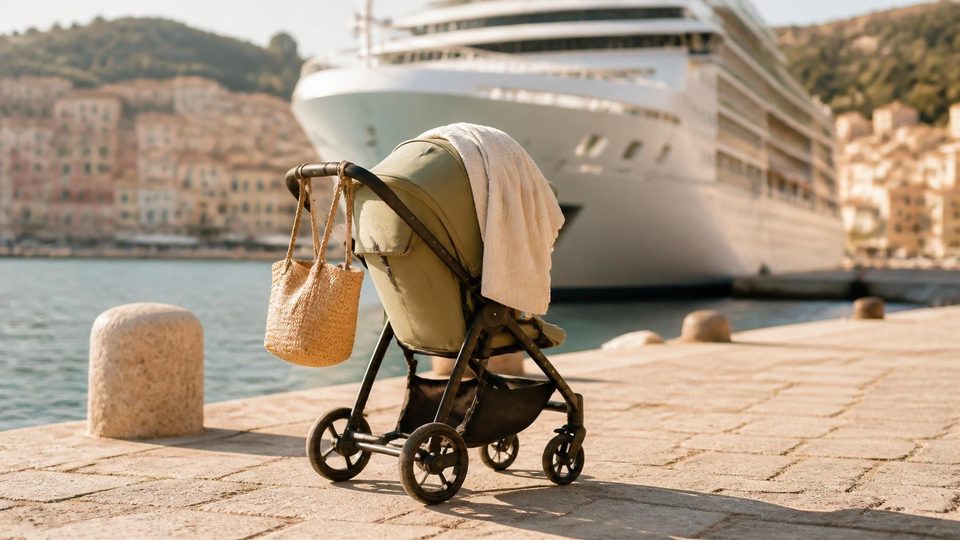 A pushchair on a Mediterranean quayside beside a docked cruise ship