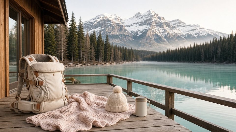 A baby carrier and knitted blanket on a cabin deck by a turquoise lake in Banff