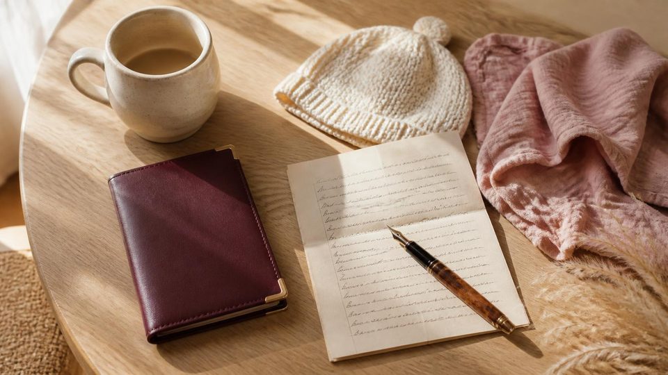 A handwritten letter and fountain pen beside a passport cover, a cup of tea and a knitted baby hat