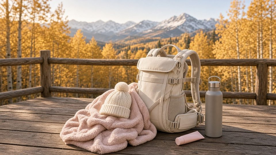 A baby carrier backpack on a mountain deck among golden aspens in the Rockies