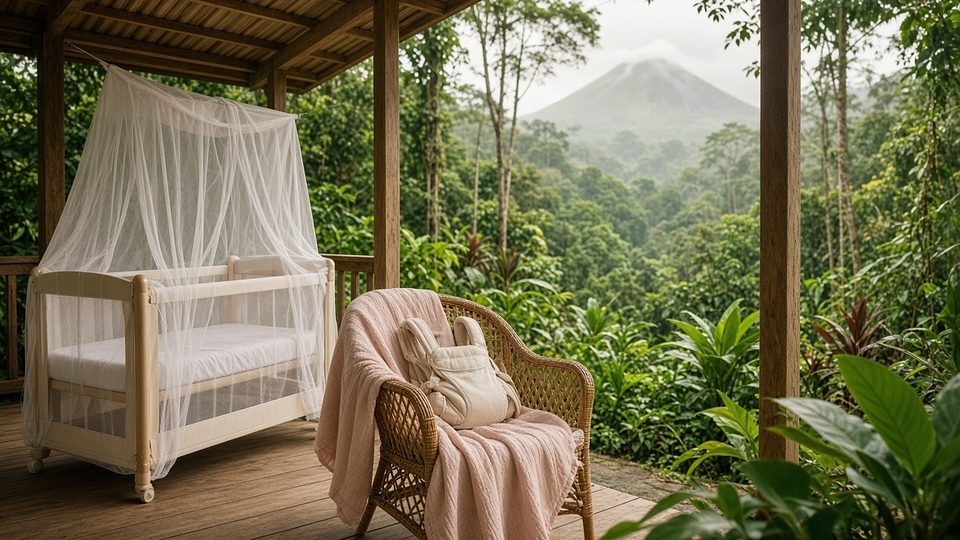 A rainforest lodge veranda with a netted travel cot and Arenal volcano in the mist