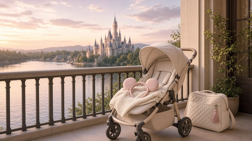 A resort balcony with a travel stroller overlooking a lake and a fairytale castle