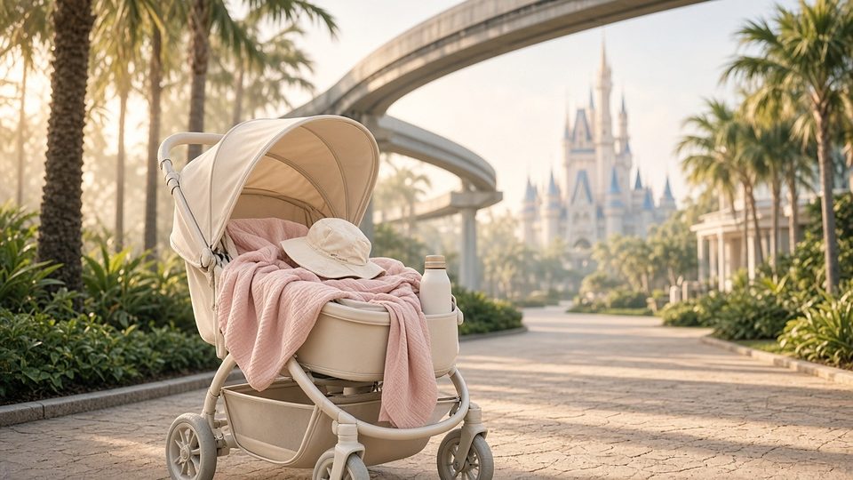 A travel stroller on a palm-lined Florida resort path beneath a monorail track