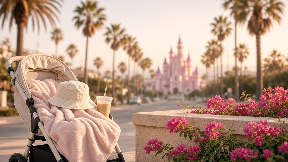 A stroller on a palm-lined Anaheim street with a pink castle in the distance