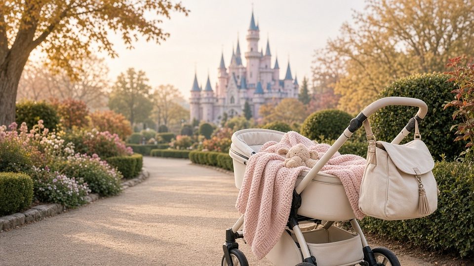 A pushchair on a garden path with a pink fairytale castle in the distance