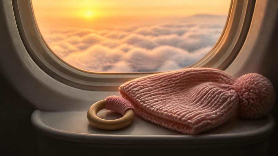 A knitted baby hat and teething ring on an aircraft window ledge above the clouds