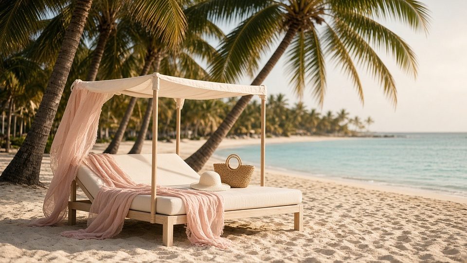 A canopy daybed with a pink muslin under coconut palms on a Punta Cana beach