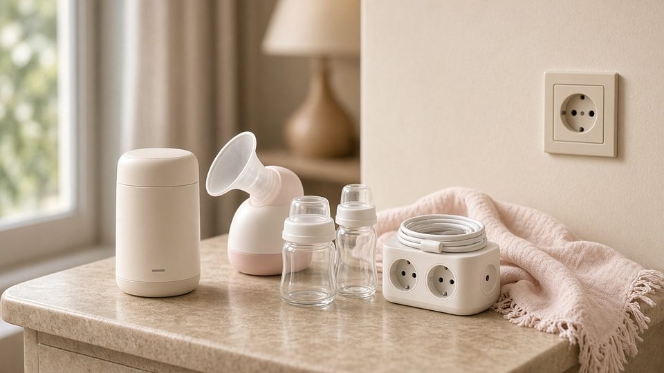 A travel bottle steriliser, breast pump, bottles and a plug adapter beside a European socket