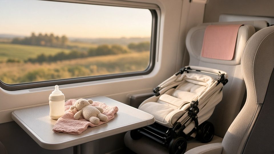 A high-speed train table seat with a baby bottle and a folded pushchair beside the window