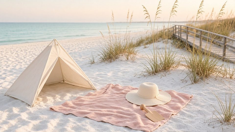 A baby beach tent and pink towel on white Gulf Coast sand by a boardwalk