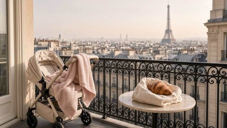 A Paris hotel balcony with a pushchair, a pink blanket and the Eiffel Tower beyond the rooftops