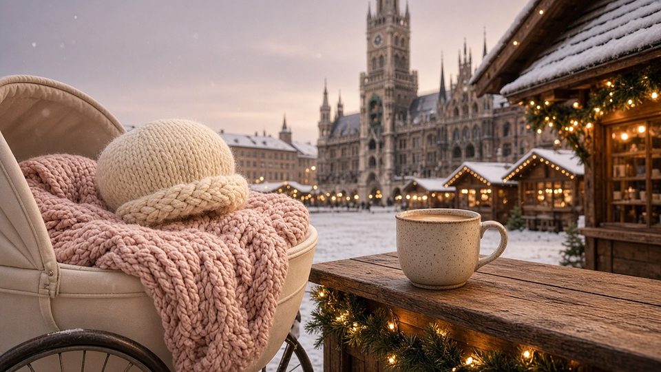 A pram with a knitted blanket at a snowy Munich Christmas market by the town hall