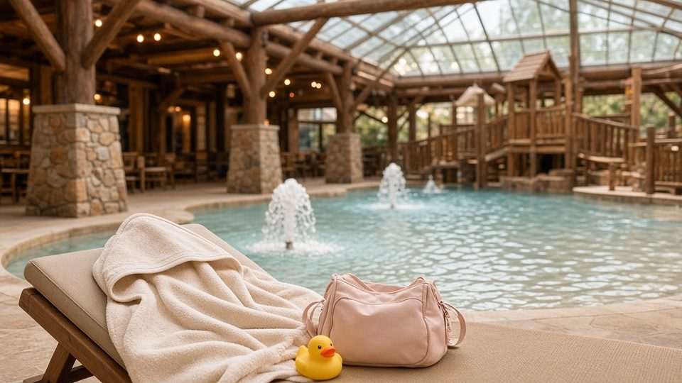 A hooded baby towel and rubber duck beside a toddler splash pool in an indoor waterpark lodge
