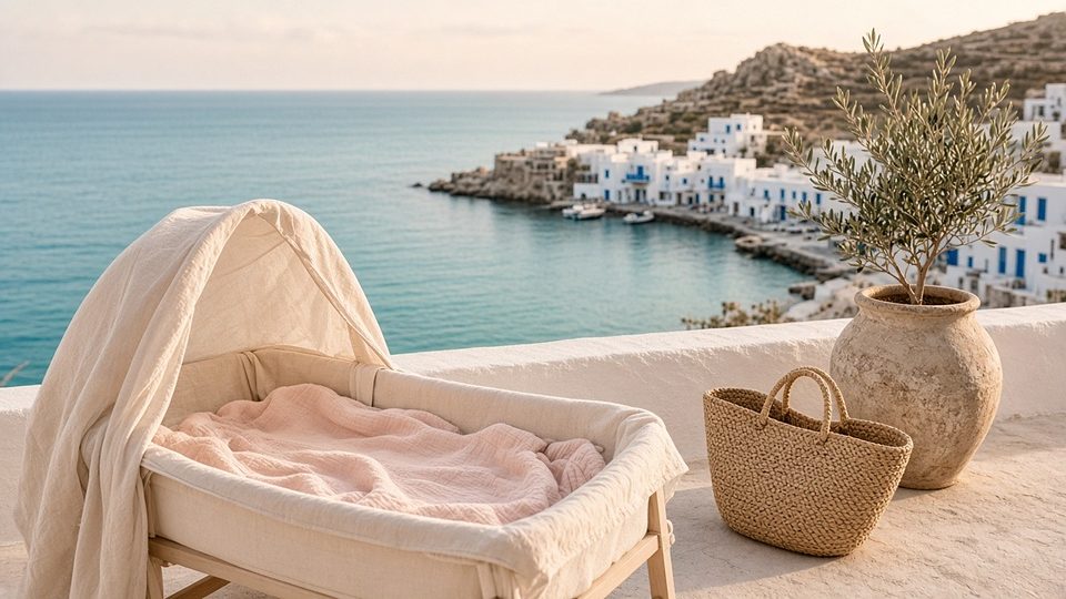 A whitewashed Greek island terrace with a travel cot overlooking a turquoise harbour