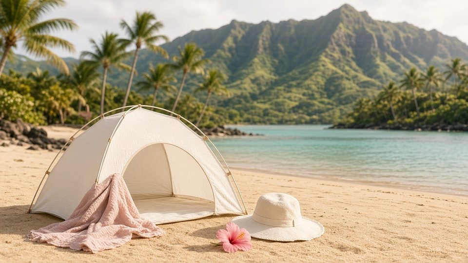 A baby shade tent and hibiscus on a calm Hawaiian lagoon beach below green mountains