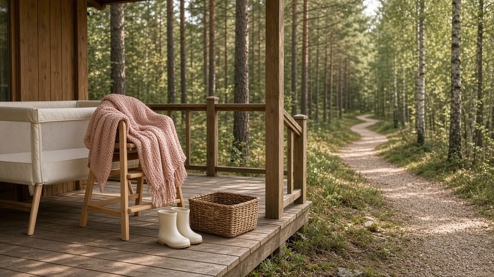 A woodland holiday lodge veranda with a travel cot, high chair and tiny wellies