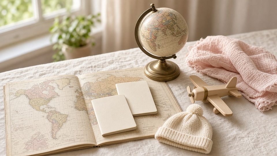 A world map, a small globe, a knitted baby hat and a wooden toy plane on linen