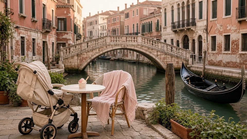 A canal-side table in Venice with a travel pushchair, a stone bridge and a moored gondola