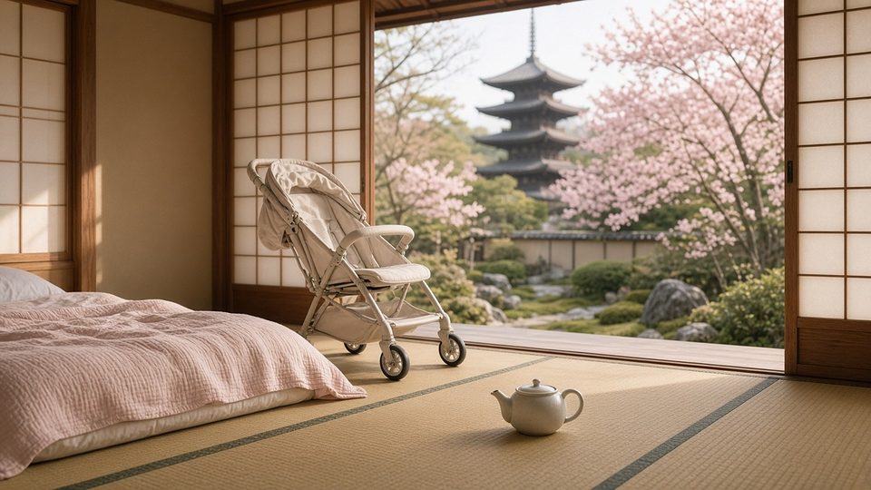A Kyoto ryokan room with a travel pushchair, futon and a pagoda among cherry blossom