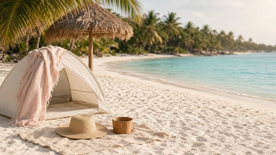 A baby beach tent and straw hat on a palm-lined Riviera Maya beach
