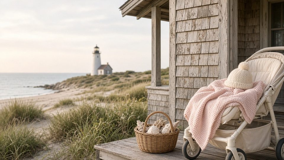A stroller on a Cape Cod cottage porch with a lighthouse on the dunes