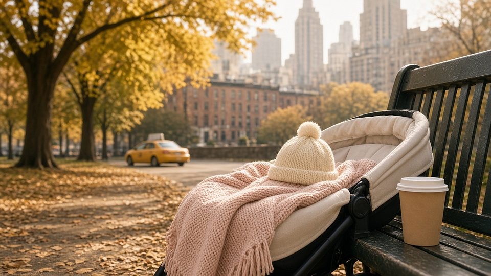 A stroller by a Central Park bench in autumn with Manhattan towers behind