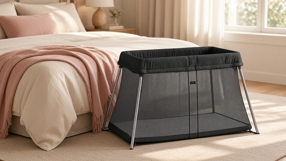 BabyBjörn Travel Cot Light in black mesh beside a hotel bed