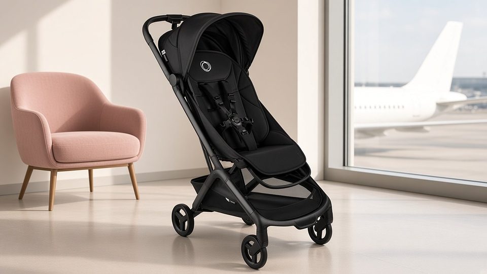 Bugaboo Butterfly 2 travel pushchair in black in an airport departure lounge