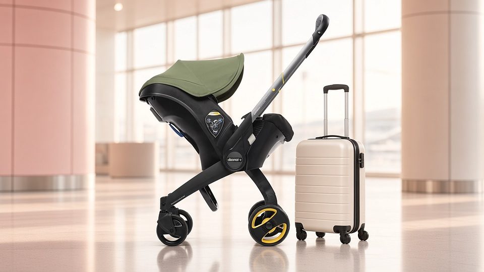 Doona infant car seat and stroller in desert green in an airport terminal beside a suitcase