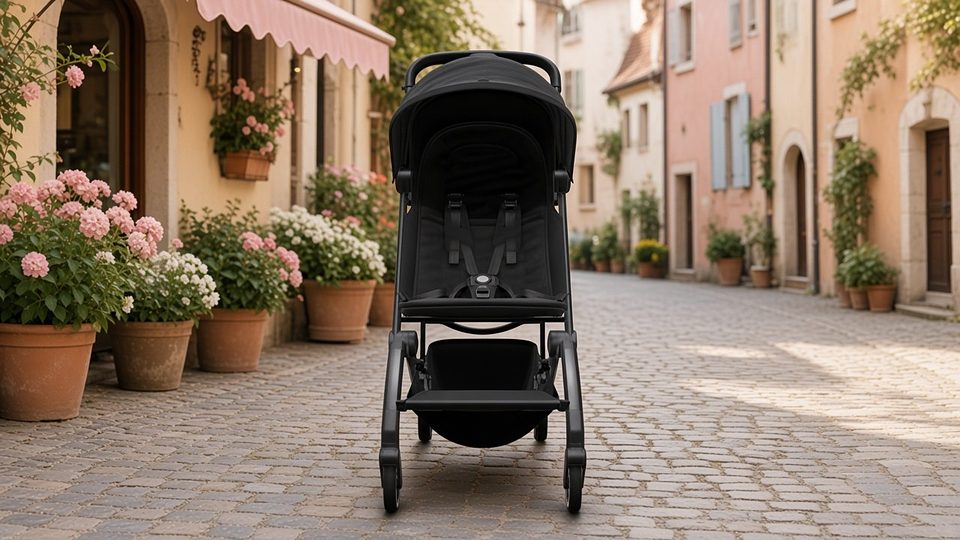 Joolz Aer+ buggy in black on a cobbled old-town street