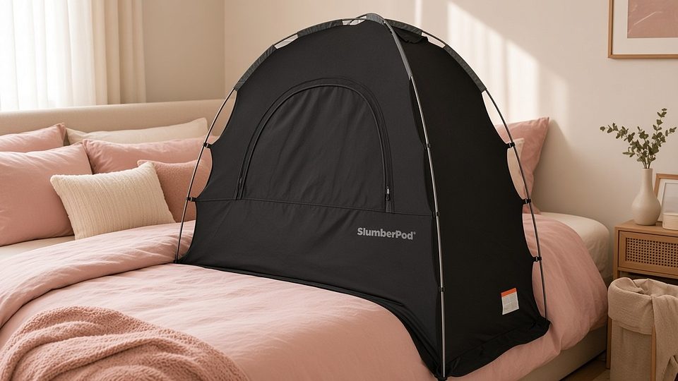 SlumberPod blackout sleep tent in a calm bedroom