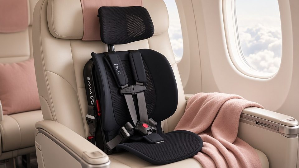 WAYB Pico travel car seat fitted on an aircraft window seat