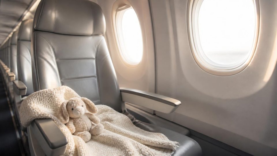 An aircraft seat with a soft blanket and a toy bunny by the window