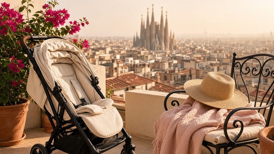 A sunny Barcelona terrace with a folded travel pushchair and the Sagrada Familia in the distance