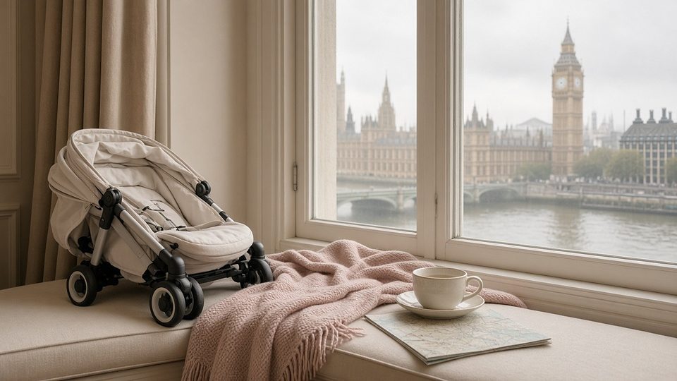 A hotel window seat with a folded pushchair looking over the Thames to Big Ben