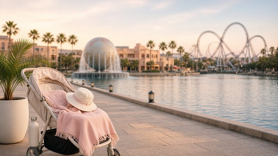 A stroller on an Orlando lagoon promenade with a globe fountain and rollercoaster loops