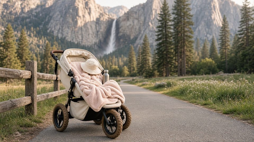 An all-terrain stroller on a paved Yosemite Valley trail with a waterfall beyond