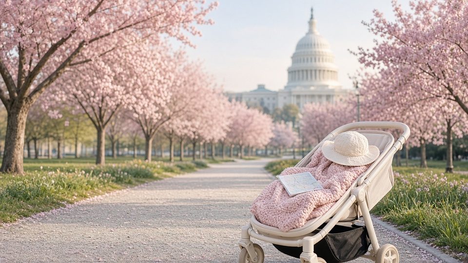 A stroller on a cherry blossom path on the National Mall with the Capitol dome beyond